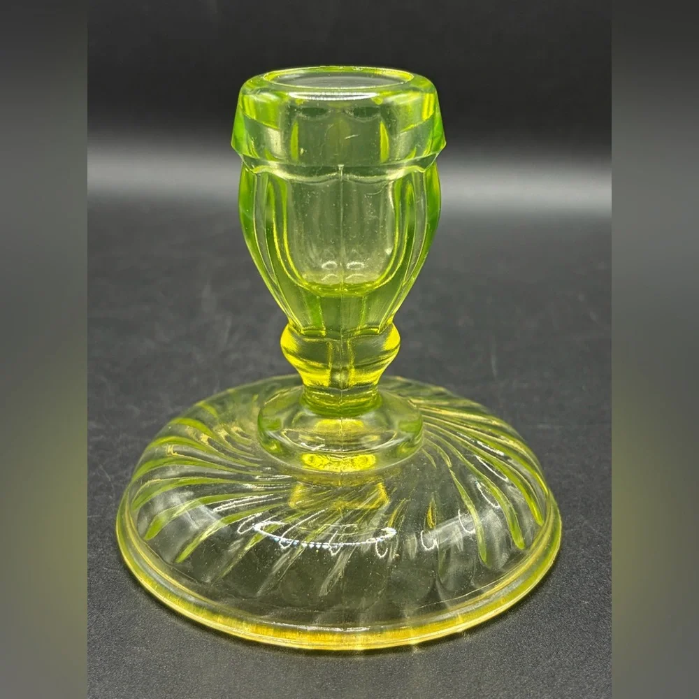 Vintage Vaseline Uranium Optic Twist Glass Candlestick Candle Holder Collectible